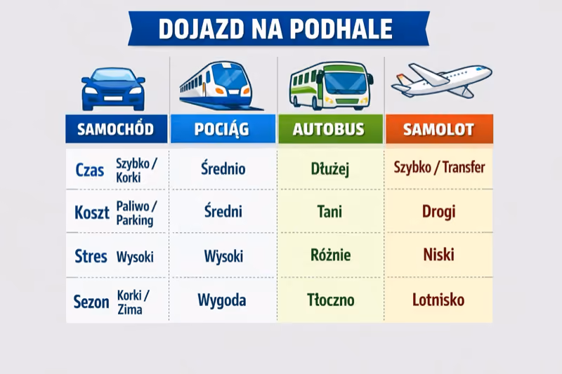 Porównanie dojazdu samochodem, pociągiem, autobusem i samolotem